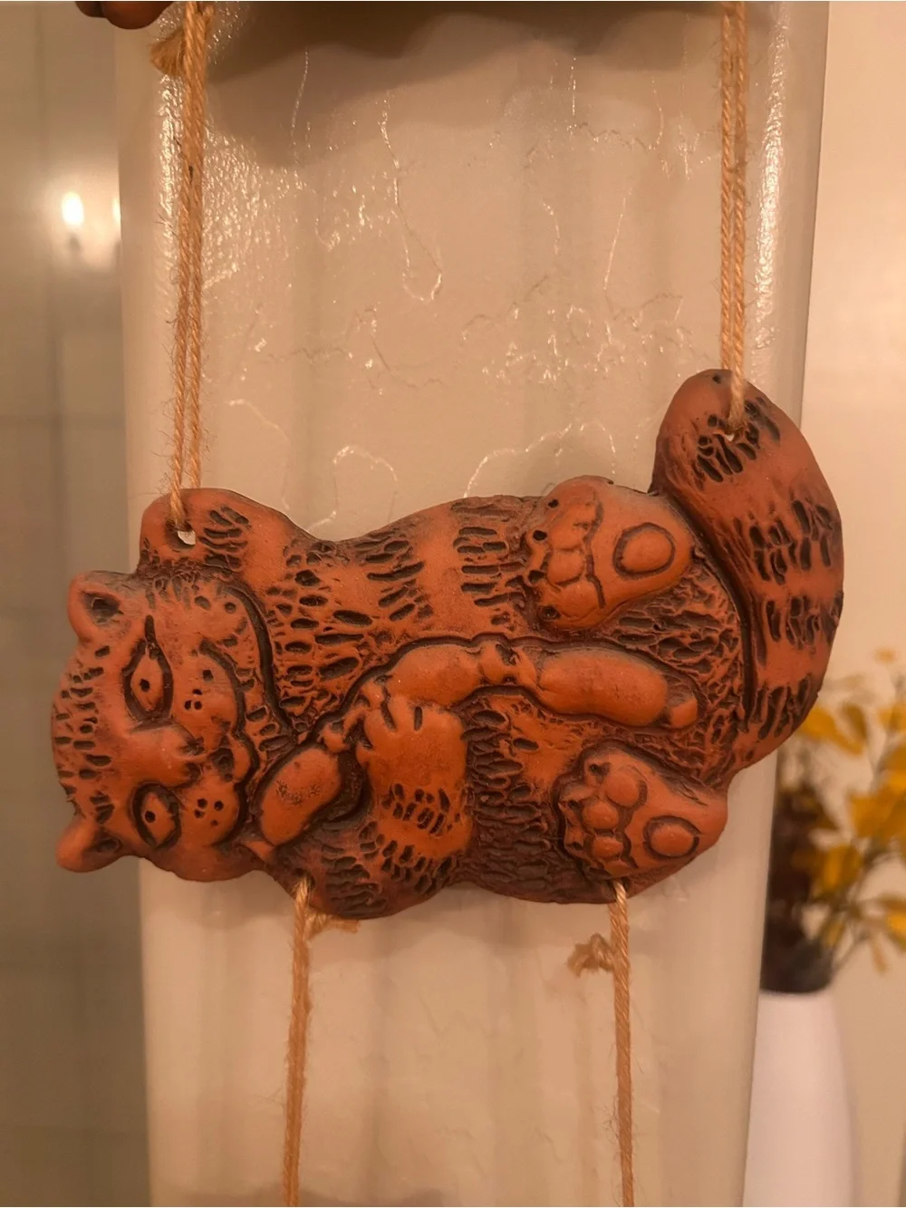 Hand Crafted Terracotta-Style Orange Cat Trio Hanging Wall Art